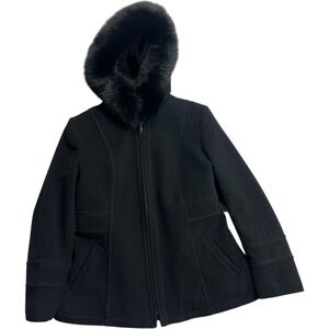 Sachi Wool Cashmere Coat Fox Trim Hood Mid Length Black Zip Close Size Pm